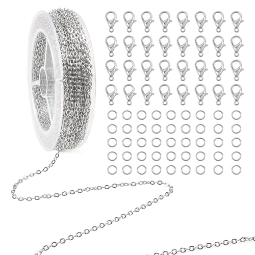 TOAOB Silber 5M Edelstahl Gliederkette Meterware 2mm Schmuck Ketten Selber Machen Set mit 20 Karabinerverschluss 50 Biegeringe für DIY Schmuck