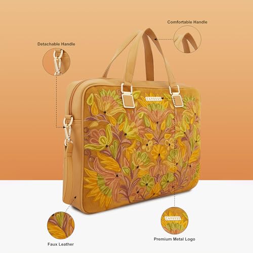 Image of Caprese Siji Tresna Large Laptop Bag for Women with Adjustable & Detachable Strap | Stylish Kashida Embroidery Laptop Handbag | 16-Inch Compatible Spacious Office Bag with Smart Sleeve