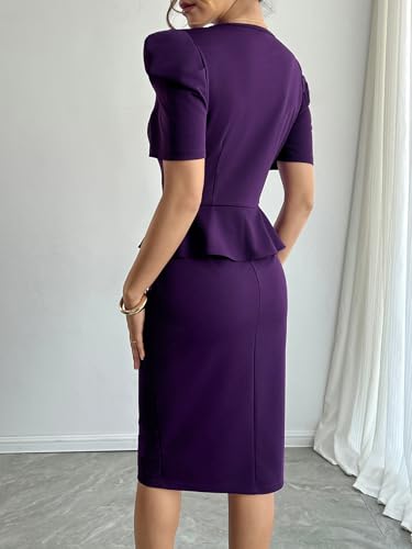 Image of Mokayee Womens Summer Puff Sleeve V Neck Peplum Church Business Work Pencil Dresses
