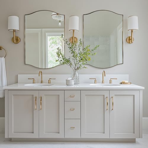 Image of ANDY STAR Gold Bathroom Mirror, 24 inchx36 inch Brushed Brass Scalloped Wall Mirror in Stainless Steel Metal Frame, Unique Vanity Mirror with Modern Curved Edge Design, Ideal for Bathroom, Bedroom, Entryway