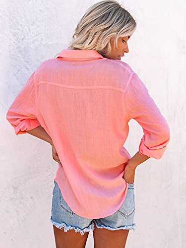 Paintcolors Women's Button Down Shirts Cotton Long Sleeve Blouses V Neck Casual Tunics Solid Color Tops With Pockets-Orange Red Xl #TOP1