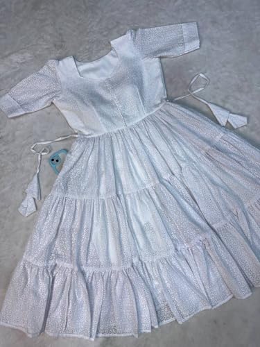 Image of Her Couture Cotton Midi Schiffli Embroidered Dress with Attached Belt