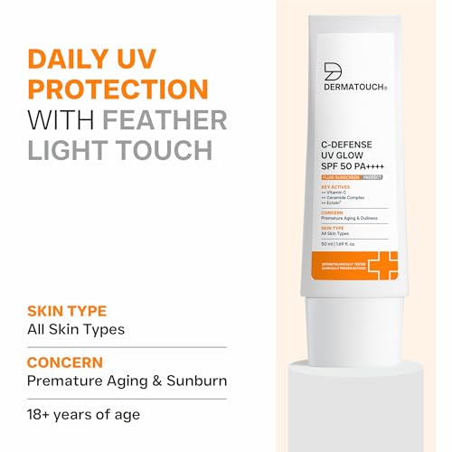 Image of DERMATOUCH C-Defense SPF 50 PA++++ Fluid Sunscreen with Vitamin C & Ceramides | Broad Spectrum | For Premature Aging, Dullness & Sunburn | Zero White Cast | Lightweight Daily Sunscreen | In-Vivo & In-Vitro Tested | 50ml