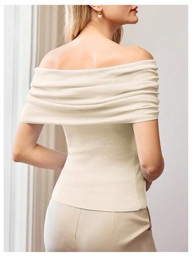 GORGLITTER Women's Off The Shoulder Sweater Short Sleeve Ruched Lightweight Knit Business Casual Tops3