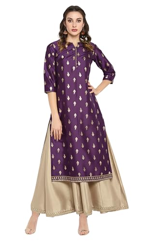 Image of Janasya Womens Silk Blend Gold Printed Layered Ethnic Dress with Inner