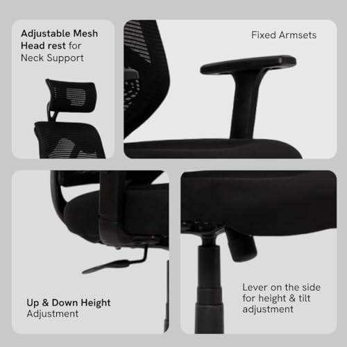 Image of NROC Metal Mesh Back Executive Office Chair - Ergonomic Design with Adjustable Height, Durable and Breathable Seating for Office Work | 64x 61x119 cm | (Black)