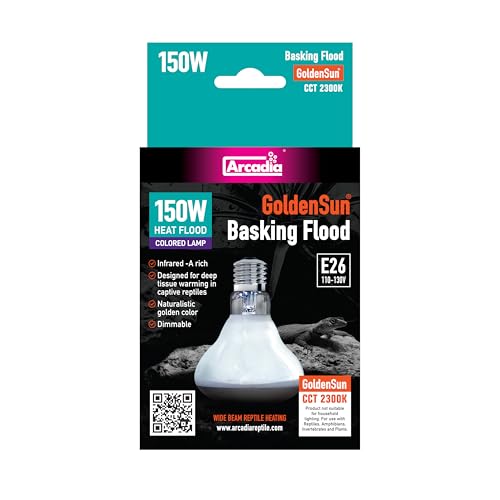 Arcadia Golden Sun Basking Flood Lamp 150W Wide Beam Infrared Reptile Heat Lamp Bulb for Bearded Dragons Tortoises Iguanas and Turtle Tanks Long Lasting Easy to Use Indoor Heat Bulb for Reptiles
