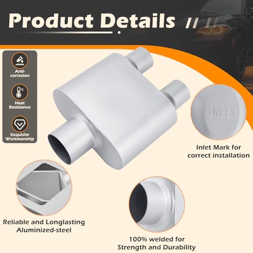 Image of A-KARCK Universal Exhaust Muffler 3 inch Center Inlet 2.25 inch Dual Outlet, 13 inch Overall Length Aluminized Steel Aggressive Sound Race Muffler for Cars, Trucks