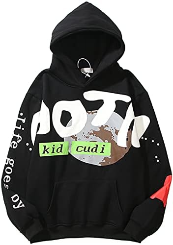 WINKEEY Unisex Lucky Me I See Ghosts Sweatshirt Rapper Long Sleeve Hip Pop Hooded Hoodie for Women (L,Ball Black)