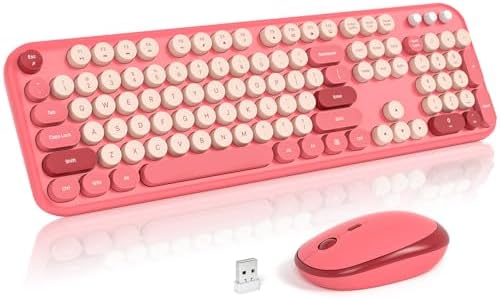 MOFII Wireless Keyboard and Mouse, Retro Typewriter Keyboard and Silent Mouse, 2.4GHz Full Size Keyboard and Mouse Wireless Combo for Laptop, PC, Desktop, Windows (Hot Pink)