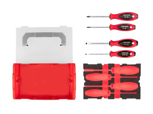 Image of TEKTON Phillips and Slotted Screwdriver Set, 4-Piece | DWZ90603 | 4 Inch Shanks, P1 - 2, 3 /16 - 1 /4 in., Mini Stacking Tool Box, Custom Foam