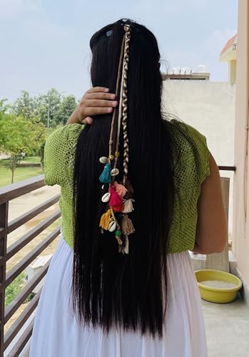 Image of Zippy Flora Boho Handmade Colorful Hair Strings for Navratri /Ethnic Look /Bohemian Styling, Colorful Braided Hairband, Thread Hair Accessories & Extensions (Full Length (20-22inch), Brown)