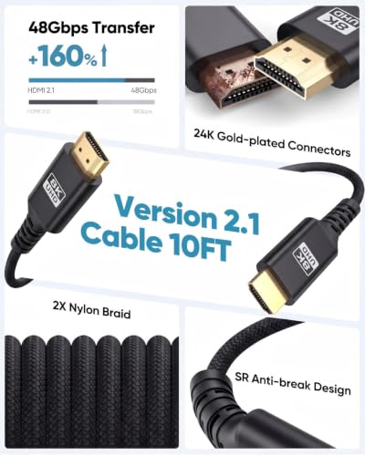 Image of 8K Short HDMI Cable Black 10FT, 48Gbps Ultra High Speed HDMI 2.1 Cable eARC Braided HDMI Cord with 8K@60Hz, 4K@120Hz, HDR10+, Dolby, 3D,HDCP2.3 for Laptop /Monitor /HDTV /Soundbar /Blu-ray /PS5 /Xbox