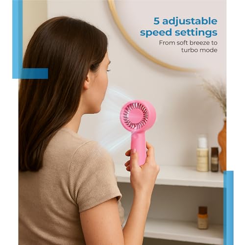 Image of Lifelong Hand Fan | Portable Rechargeable Fan with 2000mAh Battery, 5 Speed Settings, Type-C Charging, Powerful Cooling, Start with Long Press, Non-Slip Base, Hanging Hook, Travel Friendly Design