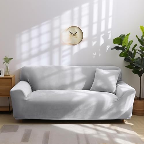 NAKIHOUSE Dicke Samt Sofa Überwürfe Sofabezug mit einem Kissenbezug, Superweicher Elastische Sofa Abdeckung in Silber-Grau Farbe für 1/2/3/4 Sitzer(L-förmiges Ecksofa erfordert Zwei)