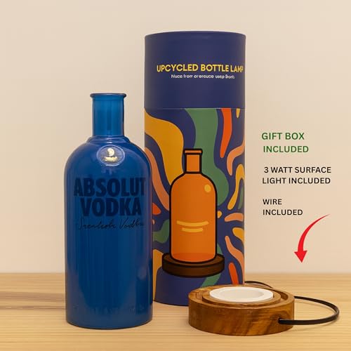 Image of Upcycled Vodka Decorative Bottle Lamp with Wooden Base & Built-in LED Light | Stylish Home & Bar Decor (Blue)