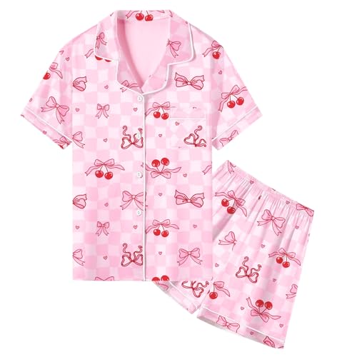 Image of Umeyda Women & Girls Pajamas Set, 2 Piece PJS Satin Silk Sleepwear Button-Down Top with Shorts for Mom Kids Gifts
