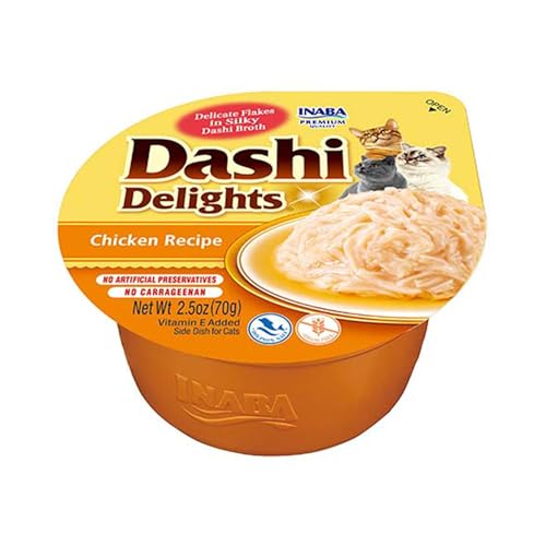 INABA Dashi Delights Gatos - Caldo Saludable de Pollo con Copos de Bonito - Alto Contenido en Proteínas - Ingredientes Naturales - Sin Conservantes ni Colorantes - 70 g