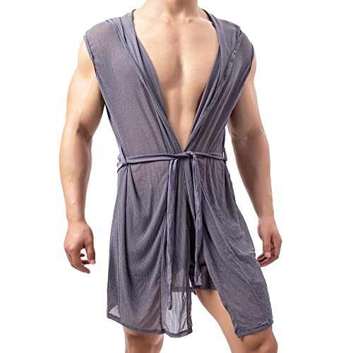 YUFEIDA Men's Robe with Hood Sheer Soft Bathrobe Lightweight Pajamas Shirt Open Front Summer Shawl Robe with Adjustable Belt