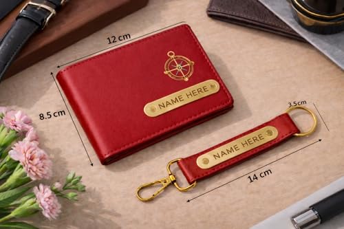 Image of Premium Customized Wallet & Keychain Combo for Men - Stylish Faux Leather Gift Set with Personalized Name & Charm - Ideal Birthday, Anniversary & Festival Present (Red)