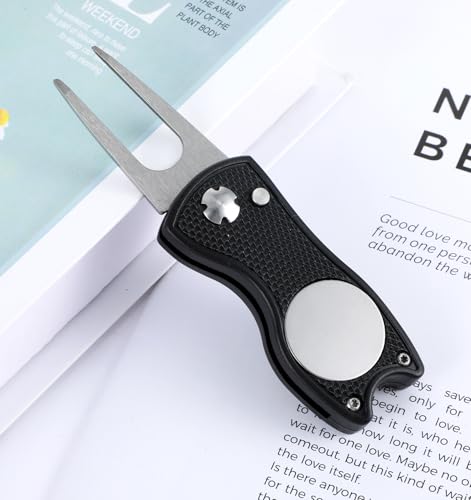 ValueBargain Divot Repair Tool with Ball Marker, Metal Foldable Golf Tool with Pop-up Button Magnetic Marker, Portable Pitch Mark Repair Accessory (Black)