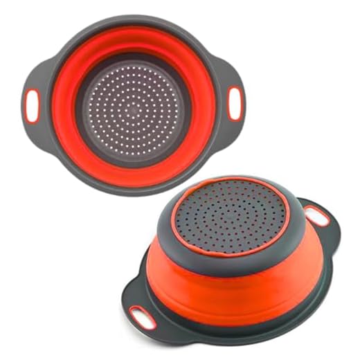 1PCS Collapsible Colander with Plastic Handles Round Silicone Kitchen Strainers Foldable Kitchen Strainer Perfect for Draining Pasta Vegetable and Fruit Red