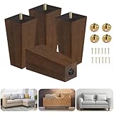 Yes4All 6 Inches Square Wood Furniture Legs Set of 4 - Wooden Replacement Feet for Couch, Bed, Bench - Adjustable Sofa, Ottomans Tapered Leg with Leveler - Brown Rubber Wood Parts for Table, Chair