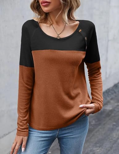 Zeagoo Women Waffle Knit Shirts Long Sleeve Colorblock Tee Button Detail Tunics4