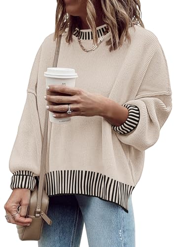 Image of Womens Oversized Sweaters Fall 2026 Fashion Clothes Colorblock Knit Tops | ETCYY Striped Sweaters For Women Trendy,Batwing Sleeve Oversized Sweater Pullover Tops,Cute,Spring Winter Fall Outfits