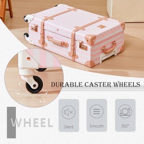 Image of UNIWALKER Vintage Luggage Set of 3, Retro Spinner Trunk with Combo Lock for Women, Cute Designer Travel Suitcase Set with Train Case, 26 inch+20 inch+12 inch, Pink Strip