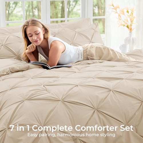Image of Sasttie Queen Comforter Set, 7-Piece Bed in a Bag, Pintuck Bedding Sets for All Season, Includes Comforter, Flat Sheet, Fitted Sheet, Pillowcases and Pillowshams, Warm Beige