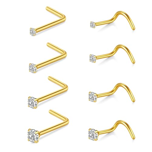 AceFun 8 Pièces 22G L-Forme Piercing Nez et Boulon en Acier Chirurgical avec Diamant pour Femmes et Hommes