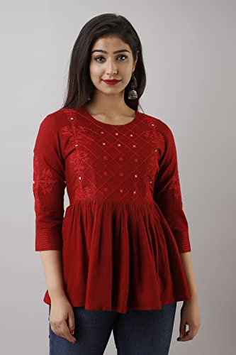 Image of Shiva FAB Women's Rayon Embroidered Regular Fit Tops Black (X-Large, Maroon EMB)