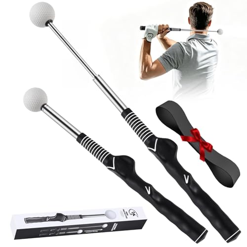 Retractable Golf Swing Trainer, Golf Grip Trainer with Arm Band for Right-Handed Golfers, Golf Swing Practice Stick Grip Correction & Swing Click Feedback Training Aid, Indoor & Outdoor Practice