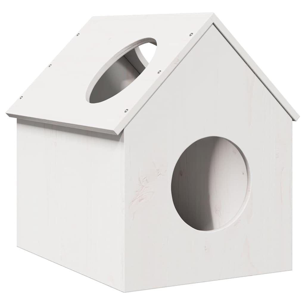 Katzenhaus Weiß 41x50x50 cm, Katzenhütte aus Massivholz Kiefer für drinnen, Katzenhöhle mit Treppe, stabiles Katzenmöbel als Schlafplatz und Liegeplatz