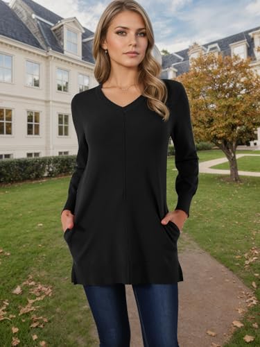 Seta T Women's Fall Winter Sweater V Neck Long Sleeve Oversized Sweater with Pockets Loose Chunky Tunic Pullover Top2