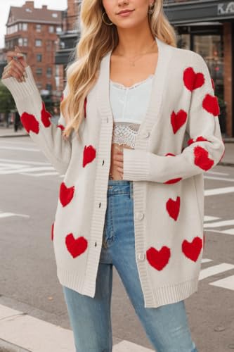 Image of Women Love Heart Graphic Oversized Sweaters Valentine Cute Cardigan Open Front Button Kawaii Preppy Aesthetic Clothes