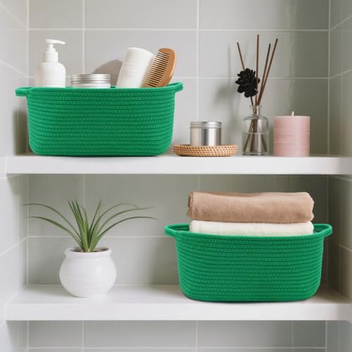 Image of Woven Basket with Gift Bags and Ribbons, 14 inchX 10 inch X 6 inch Storage Basket Green | Gift Storage Organizer Basket Bin Shelf Shelves Cotton Rope Basket for Nursery, Pet Toys