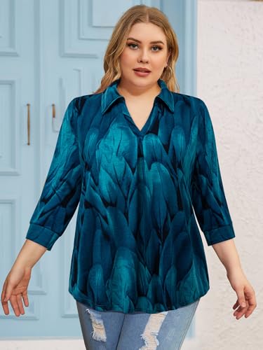 Amrto Womens Plus Size Shirts Collar Tops 3/4 Sleeve V Neck Blouse Loose Fit Soft Casual Business(XL-5XL)3