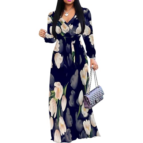 Image of PinkPatty Plus Size Dresses for Curvy Women V Neck Flowy Long Sleeves Wrap Maxi Dress Travel Vacation Outfits