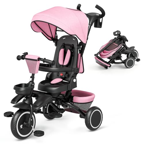 Kinder King Kids Tricycle, 8 in 1 Folding Toddler Trike w/Adjustable Push Handle, Rotatable Seat, Adjustable Canopy, Bell, Five-Point Harness, Storage, Bike Tricycle for Toddlers 1-5, Pink