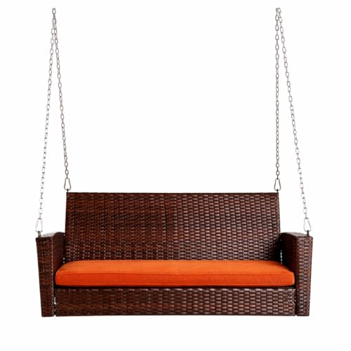 Image of Carry Bird Rattan Wicker Two Seater Swings with Cushion, Brown, 120x60x60 cm, Garden Porch Hammock for Adults (Orange Cushion, 2 Seater Prouch Swing, Leather Brown Prouch Swing)
