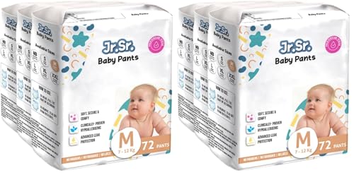 Image of Jr. Sr. Baby Diaper Pants | Medium (M) Size (7-12 kg), 216 Count | Pack of 6 | Upto 12 hr Absorption with Advanced Leak Protection | Safe For Babies Skin | Soft, Secure & Comfy