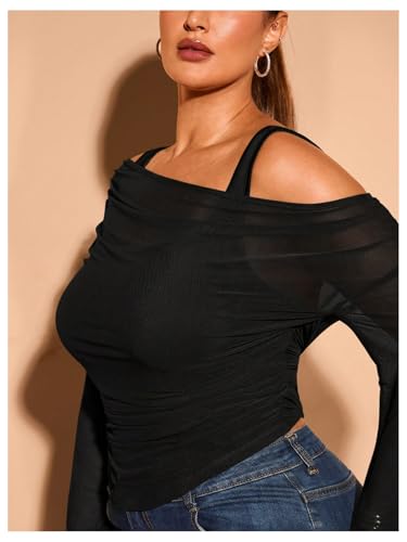 WDIRARA Women's Plus Size 2 in 1 Off Shoulder T Shirt Ruched Sheer Bell Long Sleeve Tee4