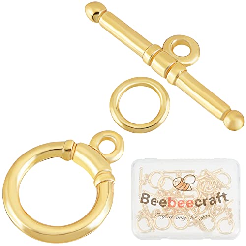 Beebeecraft 15 Sets 18K Gold Plated Toggle Jewelry Clasps Connectors Round Ring Toggle T Bar Clasps Sets for Necklace Bracelet Earring Making 15x12mm