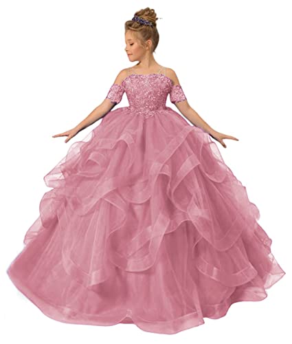 Princess Kids Pageant Dress Applique Beaded Tulle Flower Girl Dresses Wedding Party Ball Gown
