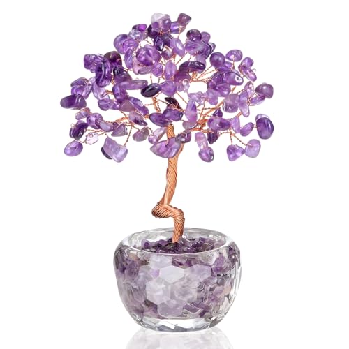 Árbol de la Vida de Cristal de Cuarzo Rosa VLYX - Árbol del Dinero Hecho a Mano con Piedras Preciosas Moradas para Decoración del Hogar y la Oficina, Regalo de Energía Positiva para Mujeres