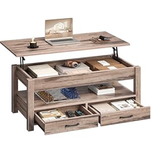 Couchtisch Höhenverstellbar, Couchtisch mit 2 Schublade, Hubplatte, Wohnzimmertisch mit Verstecktes Ablagefach, für Wohnzimmer