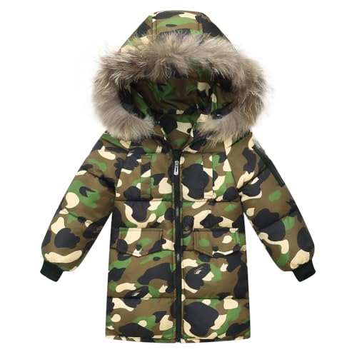 Boys Winter Outerwear Hooded Coat Lightweight Warm Cotton Jacket with Fur Trimmed Hood, Boys Camo Jacket 2-9Y