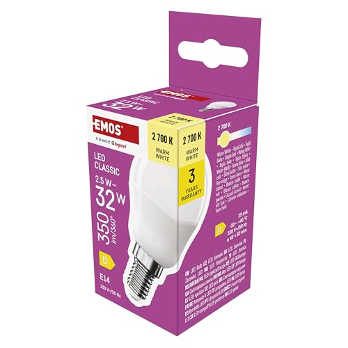 EMOS LED Lampe Mini Globe, 2,5W Ersatz für 32W Glühbirne, kleine Birne mit E14 Sockel, Helligkeit 350 lm, Warmweiß 2700 K, 30000 h Lebensdauer, CRI min. 80, 150° Abstrahlwinkel